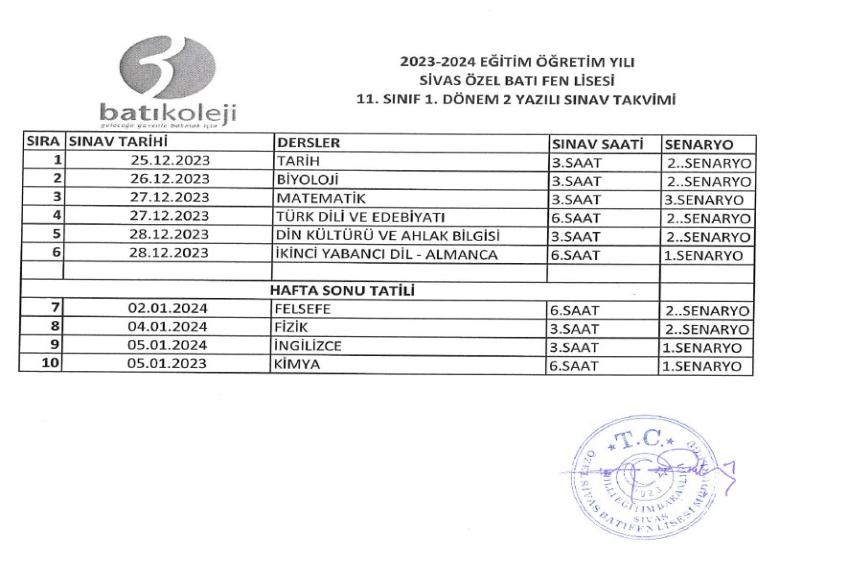 2023-2024 EĞİTİM ÖĞRETİM YILI 1.DÖNEM 2. YAZILI TARİHLERİ 